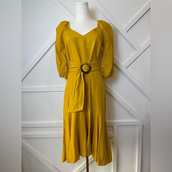 Maeve By Anthropologie Artemis Yellow Belted Asymmetric Midi Dress Size 2 - Picture 2 of 14